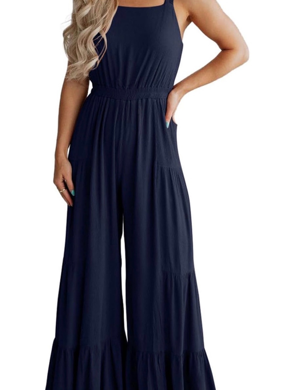 Sleeveless Navy Tiered Wide-Leg Jumpsuit